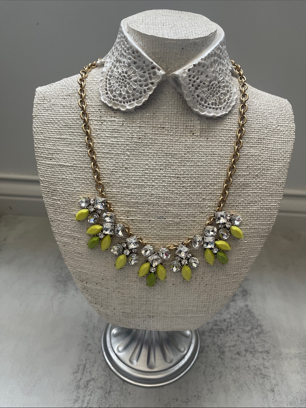 J.Crew Gold Chain Statement Necklace with Lime Green and Crystal Accents
